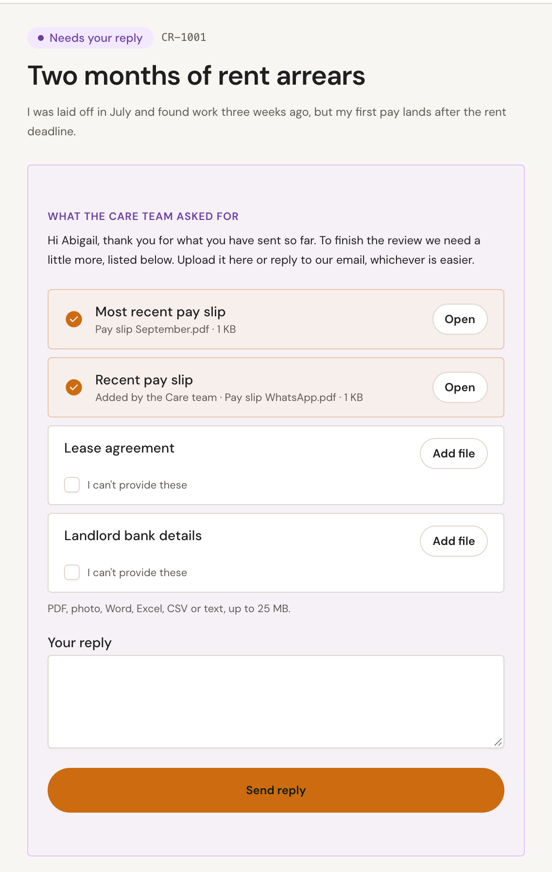 The member's view in Eden, listing what the Care team asked for, with files already received, an option to upload the rest, and a box to reply.