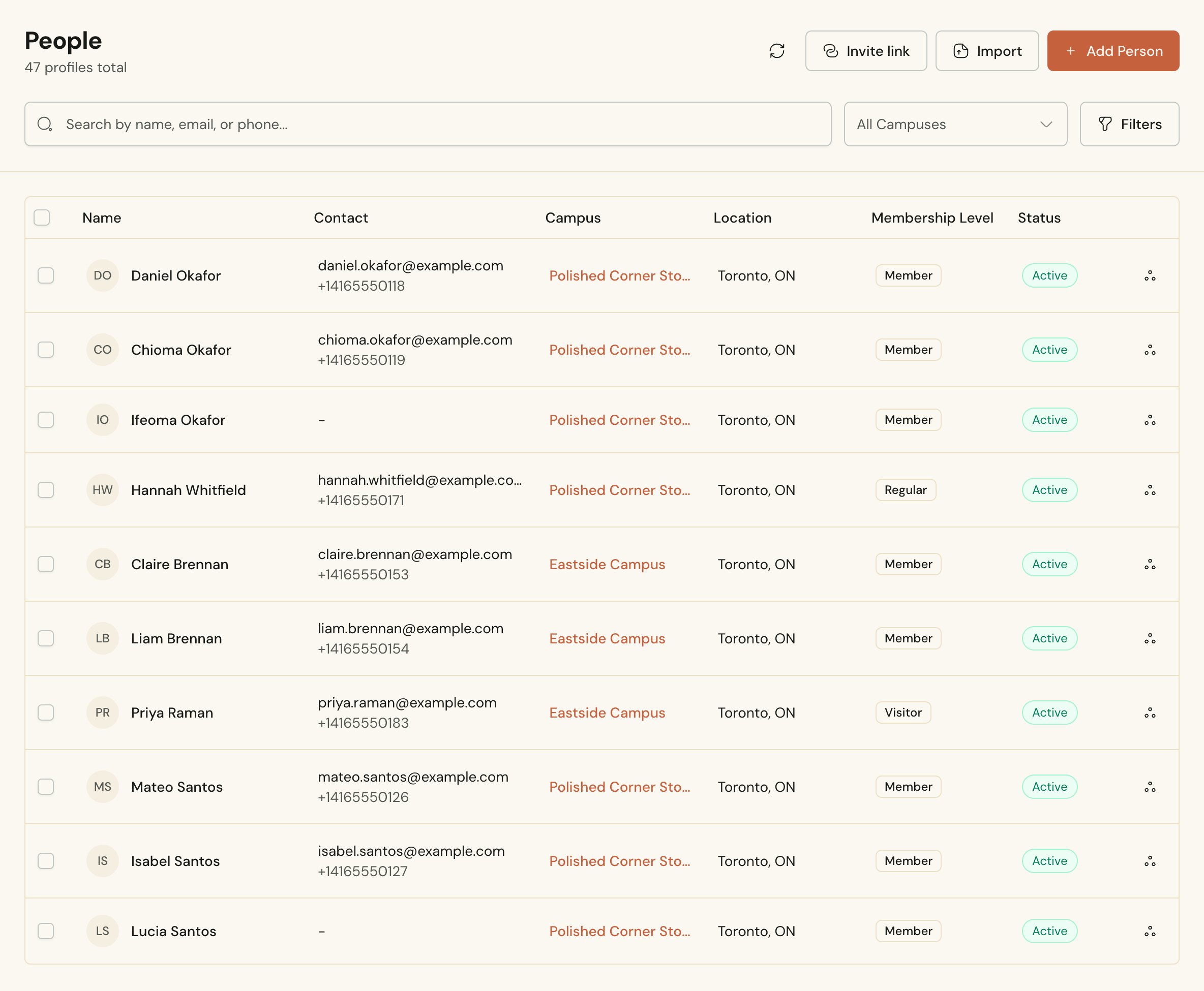 The People list in Cendance, with each person's contact details, campus, city, and membership level.