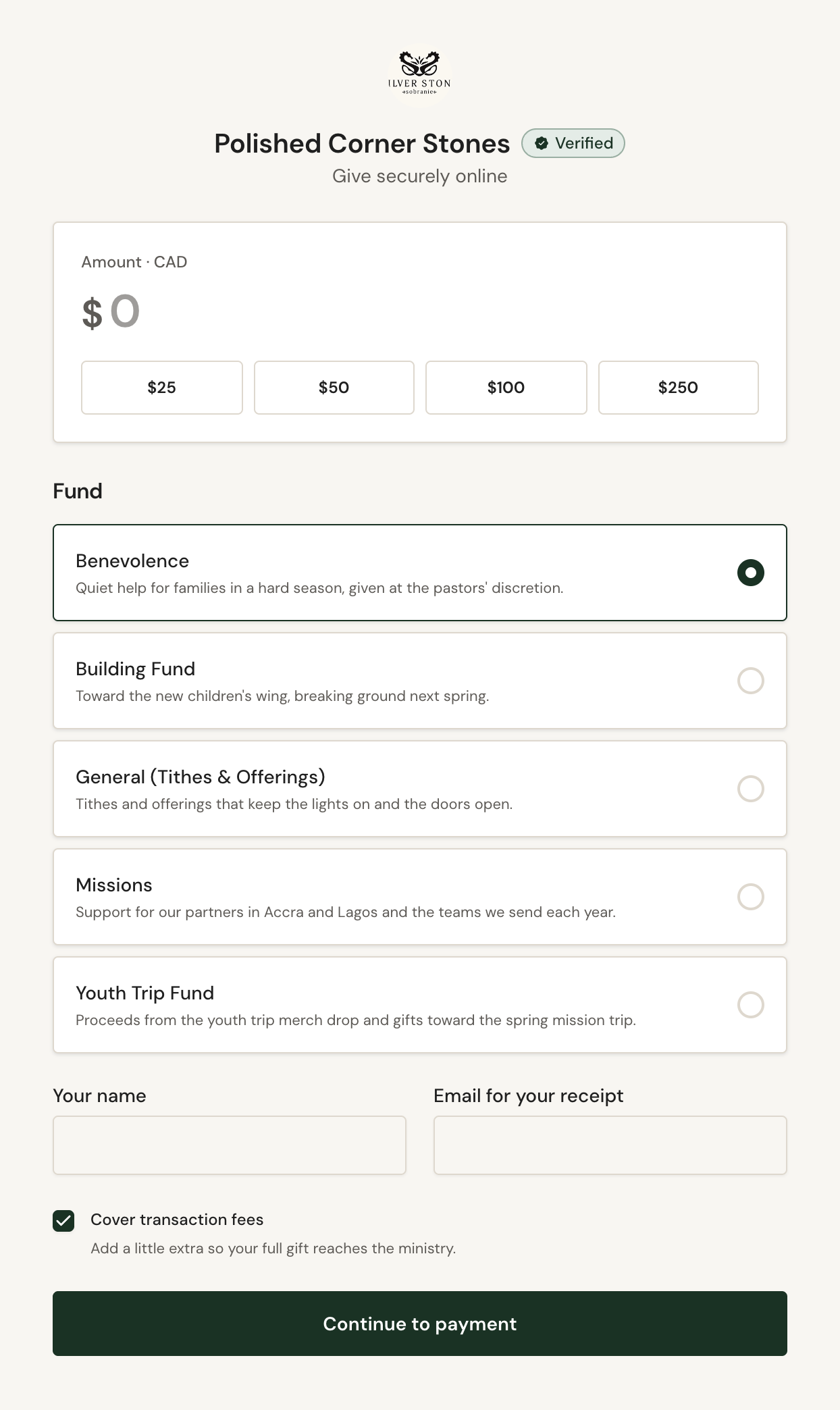A church's public giving page in Cendance: suggested amounts, a choice of funds with descriptions, and the option to cover transaction fees.