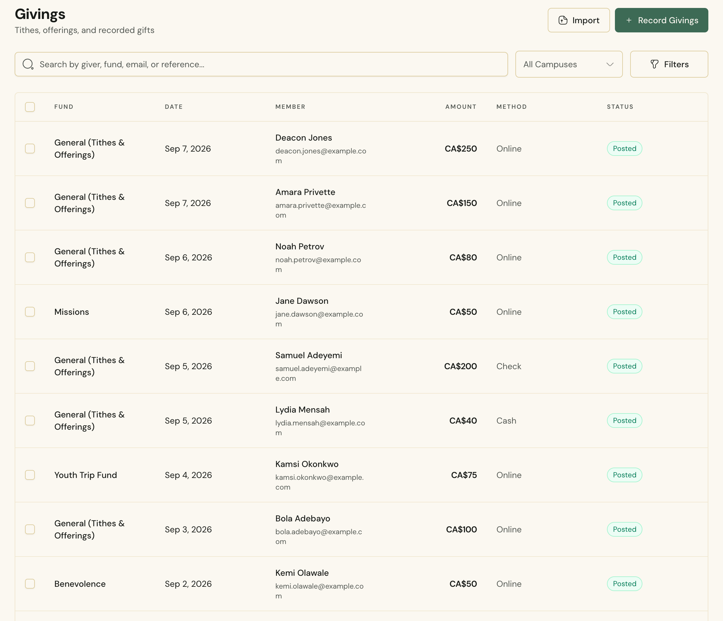 The givings list in Cendance, with online, cheque, cash, and wire gifts posted against their funds.