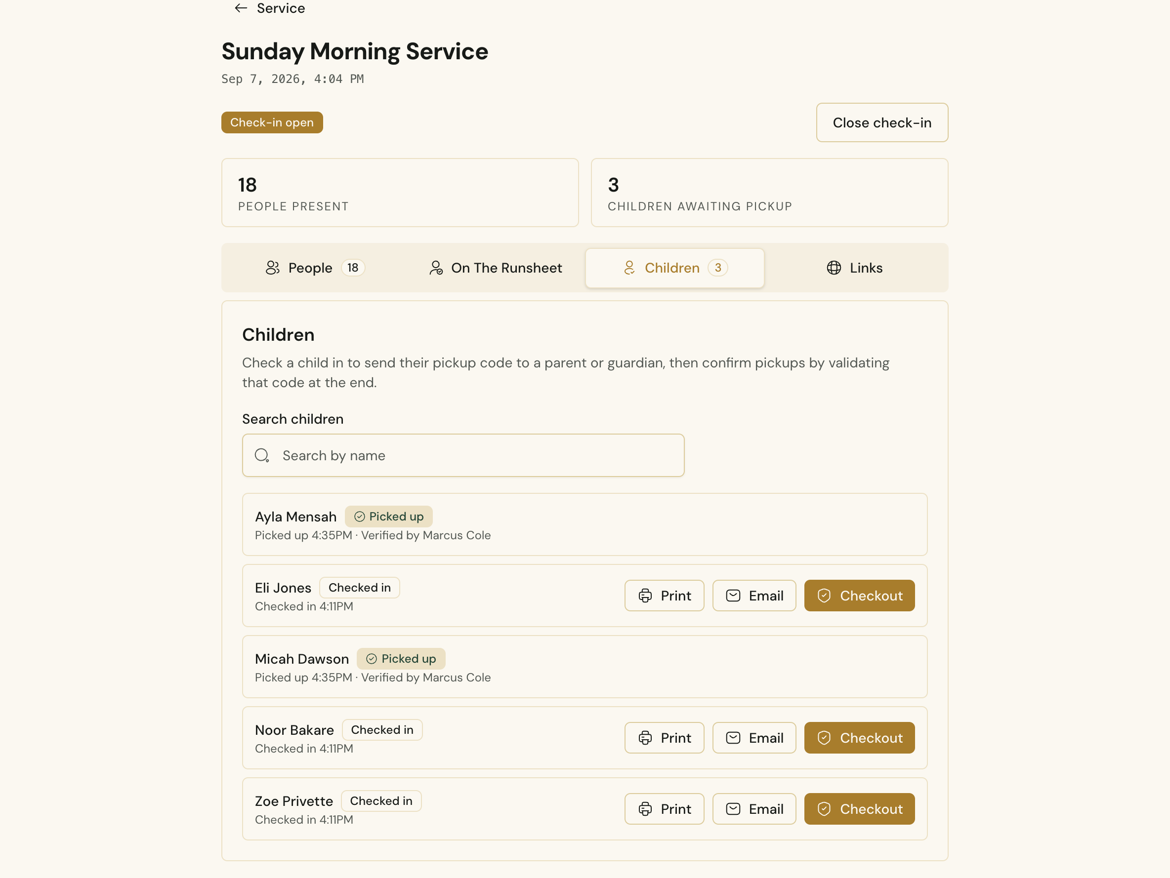 The Children mode of a service's check-in hub in Cendance, with pickup codes ready to print or email and completed pickups showing who verified them.