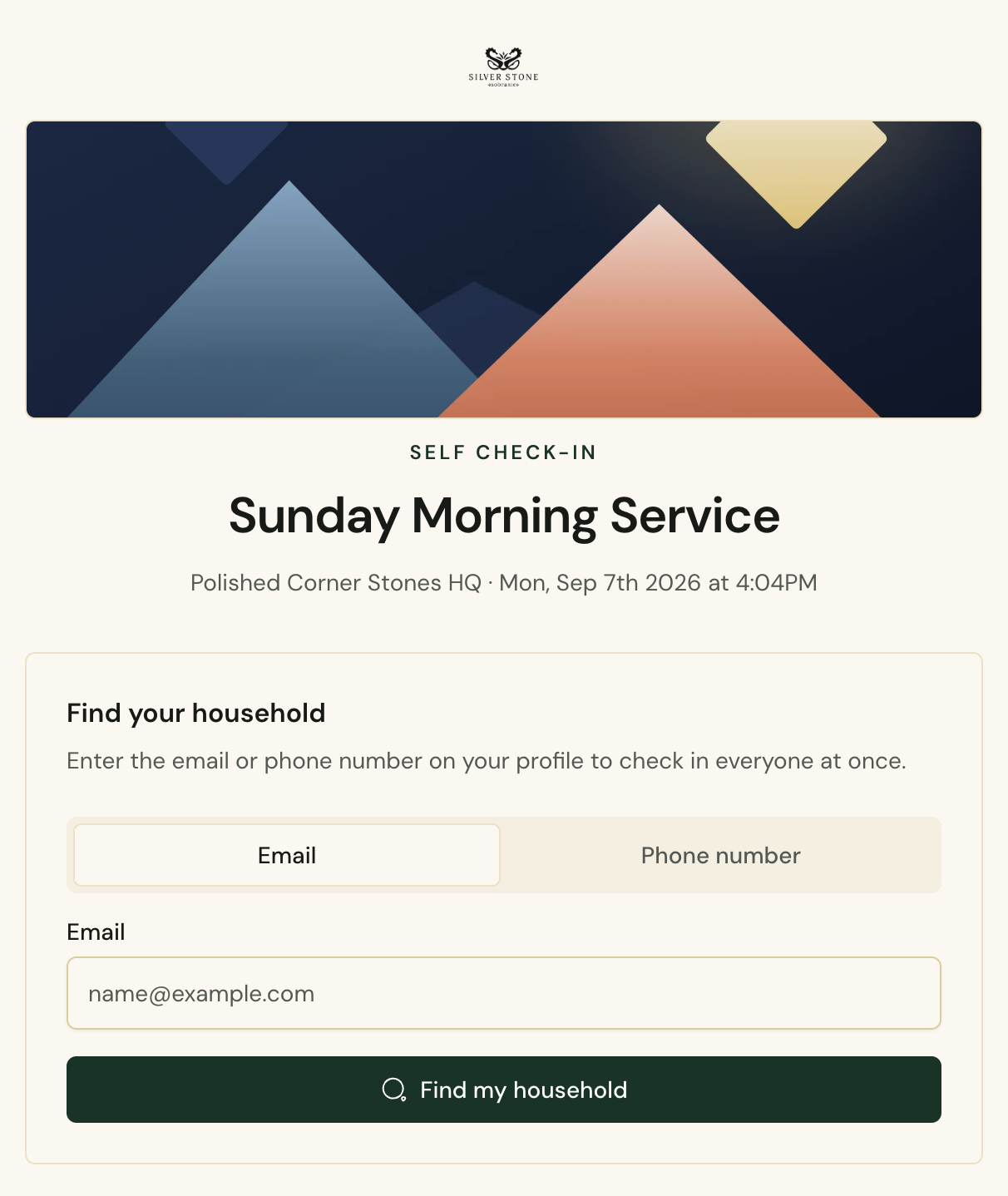 The public self check-in page for a service in Cendance: find your household by email or phone and check everyone in at once.