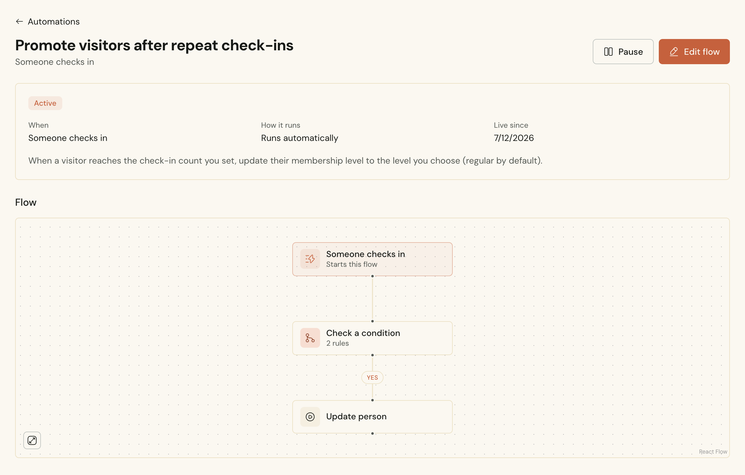 An automation in Cendance that moves a visitor to regular once they reach the number of check-ins you choose.